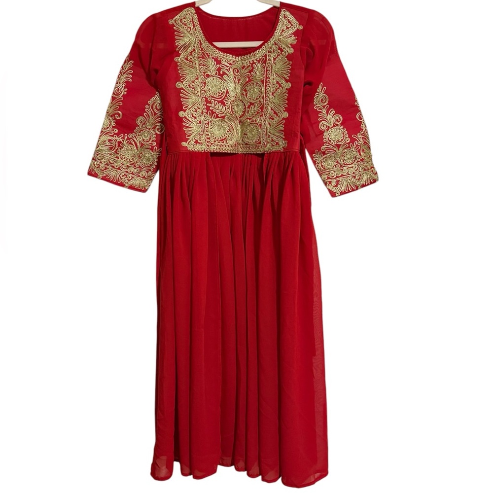 Embroidered Afghan Red & Gold Dress with Pants
